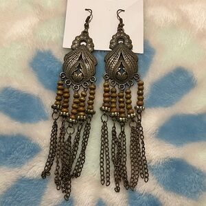 BoHo Brown Metal Hanging Earrings W/Brown Beading and Chains